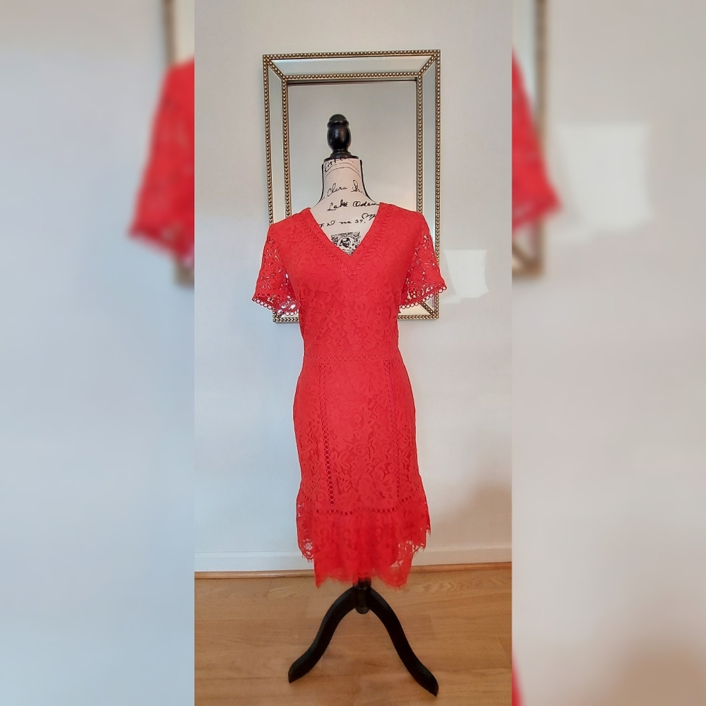 Nwt, Karl Lagerfeld Flounce Hem Embroidered Hot Red Party/Spring dress, Size 12